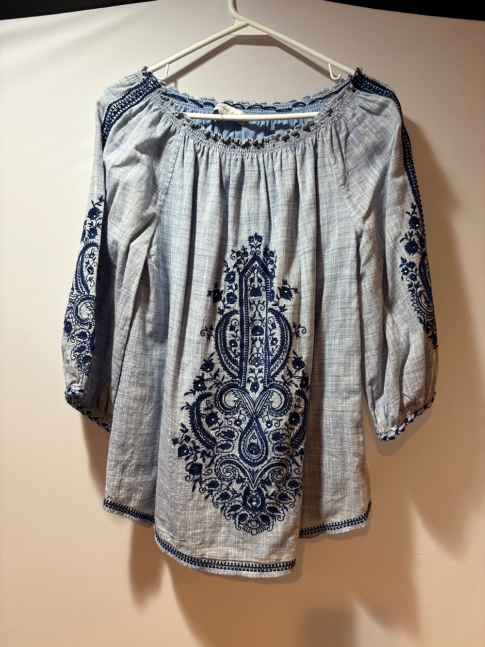 Light Blue Embroidered Peasant Blouse with Navy Details - Women